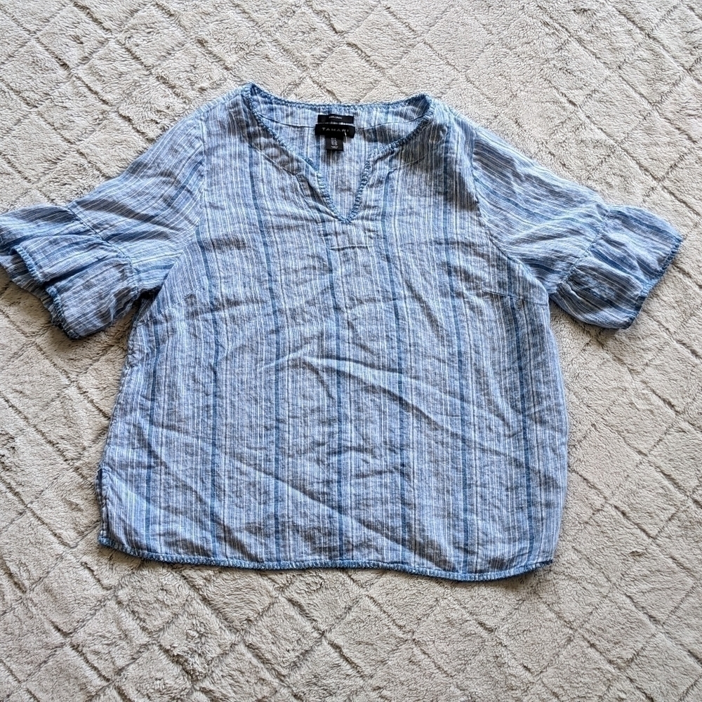 Tahari Linen Blouse Women’s 1X Blue White Ruffle Sleeve Boxy Short Sleeve